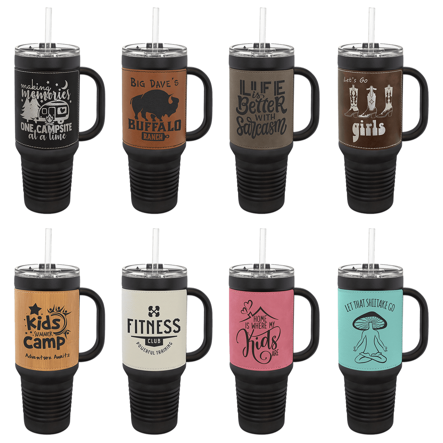 Polar Camel 40 oz. Black with Laserable Leatherette Travel Mug with a Straw Sample Set