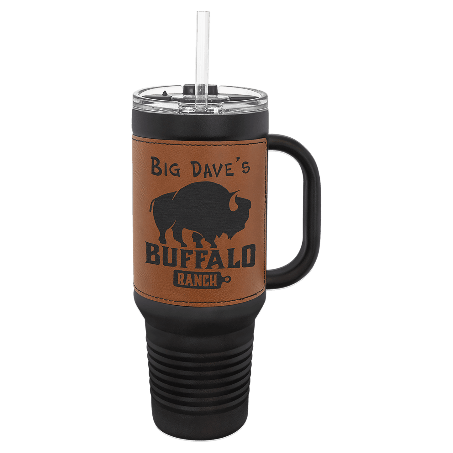Polar Camel 40 oz. Black with Rawhide Laserable Leatherette Travel Mug with a Handle, Straw Included