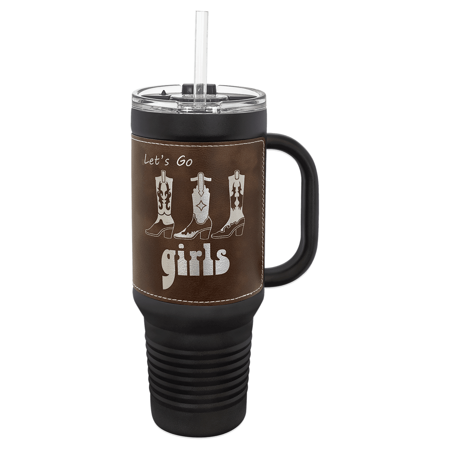 Polar Camel 40 oz. Black with Rustic/Silver Laserable Leatherette Travel Mug with Handle, Straw Included