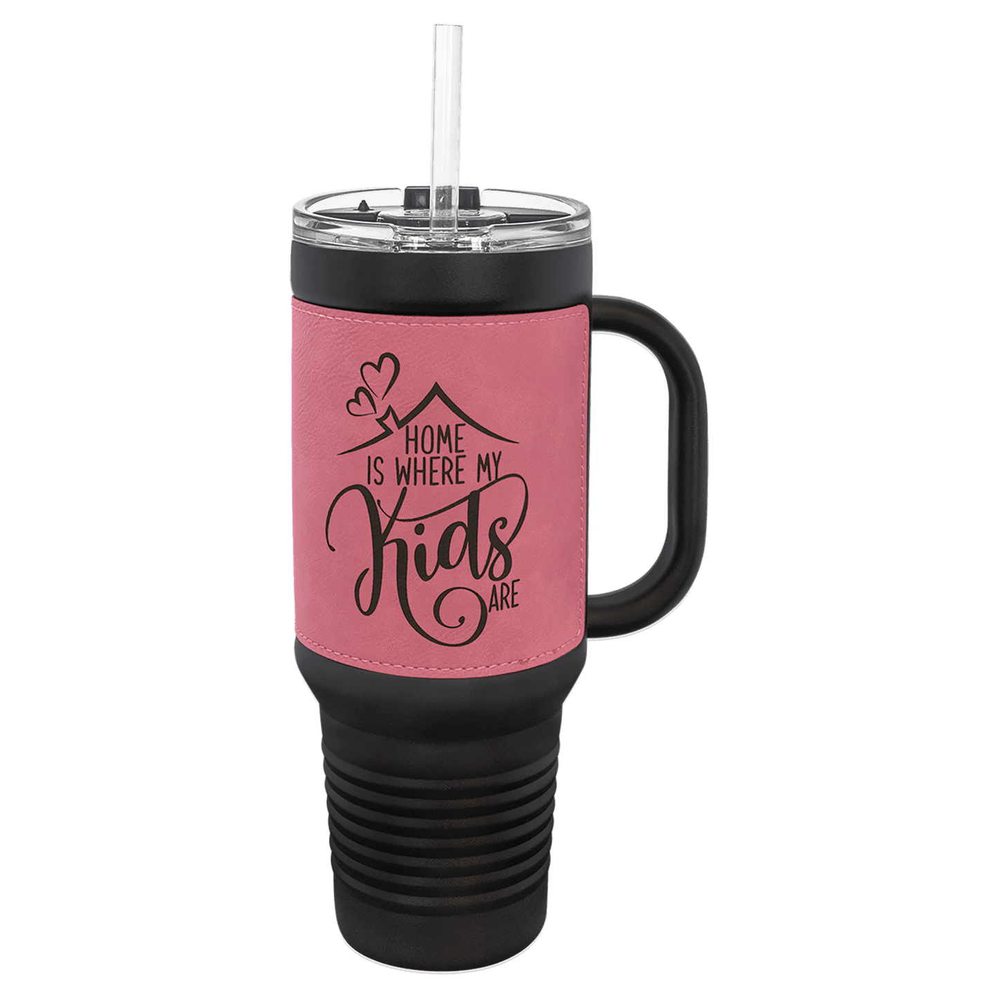Polar Camel 40 oz. Black with Pink Laserable Leatherette Travel Mug with a Handle, Straw Included