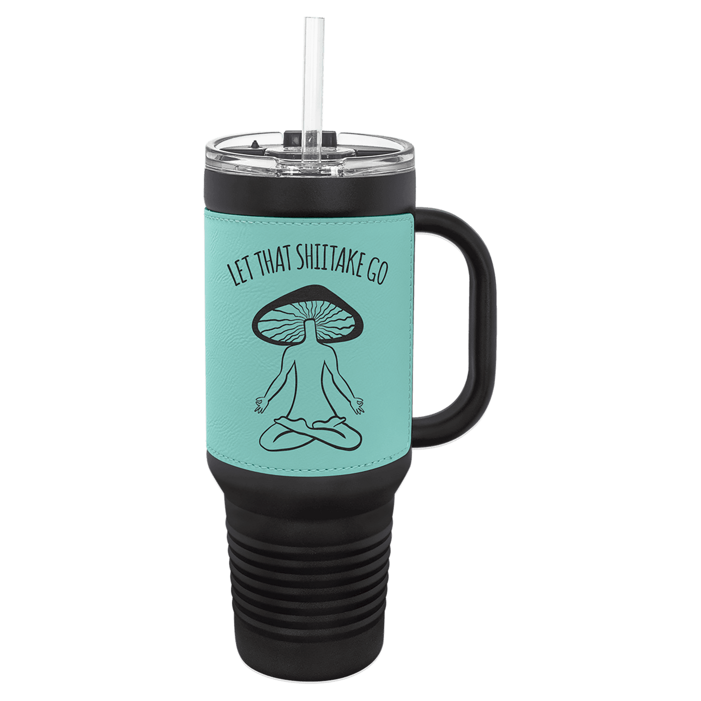 Polar Camel 40 oz. Black with Teal Laserable Leatherette Travel Mug with a Handle, Straw Included