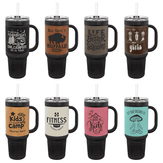 Polar Camel 40 oz. Black with  Laserable Leatherette Travel Mug with a Straw Sample Set